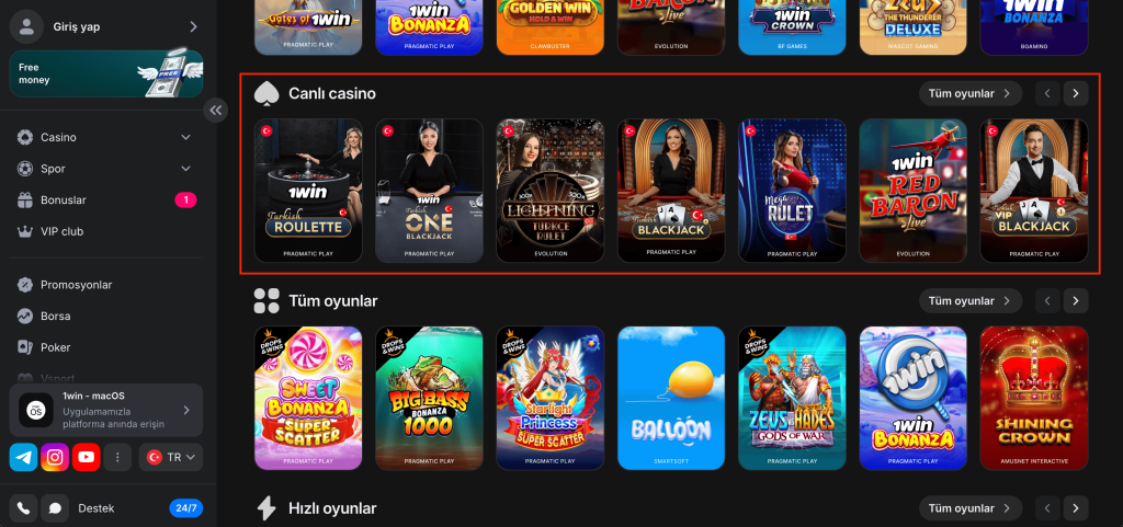 1win Canlı casino